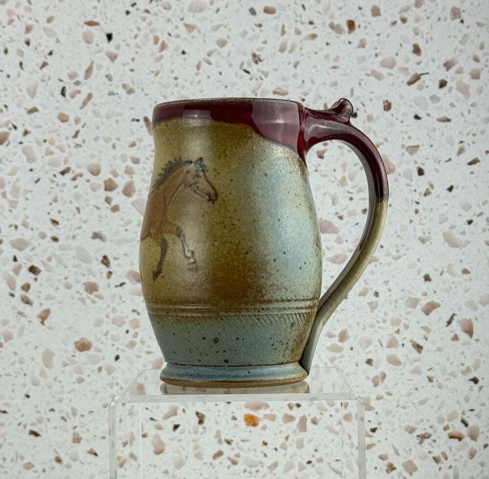 Handmade Studio pottery Horse Mug signed 6” red green